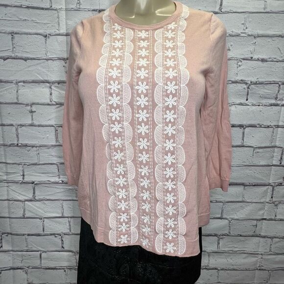 J. Crew Womens Blush Pink Embroidered Merino Wool Floral Sweater Size Small - Picture 1 of 5